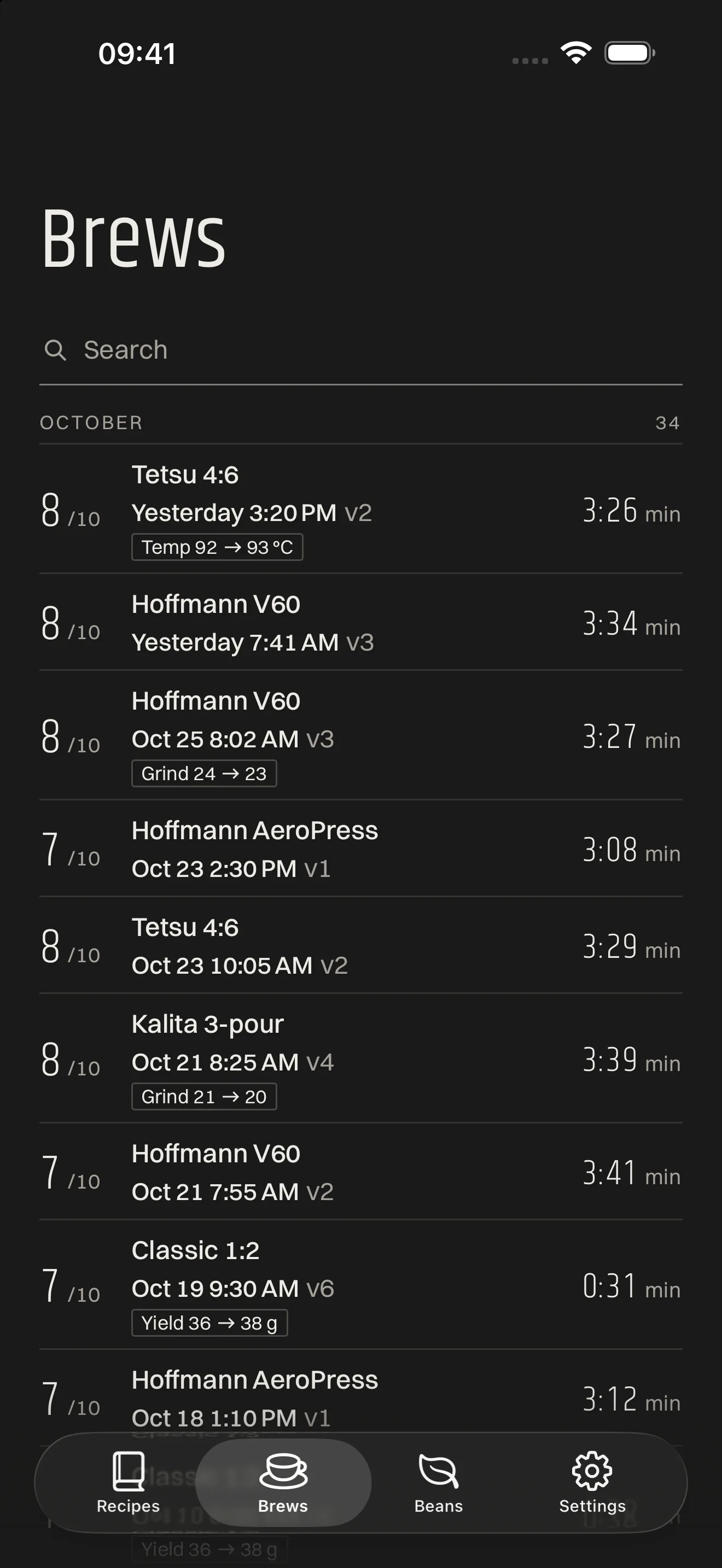 The Brews screen in dark mode: scores, recipe versions, times, and changes such as Grind 24 → 23.